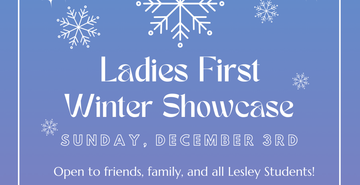 Ladies First Winter Showcase poster on a gradient from blue to purple underneath white snowflakes.