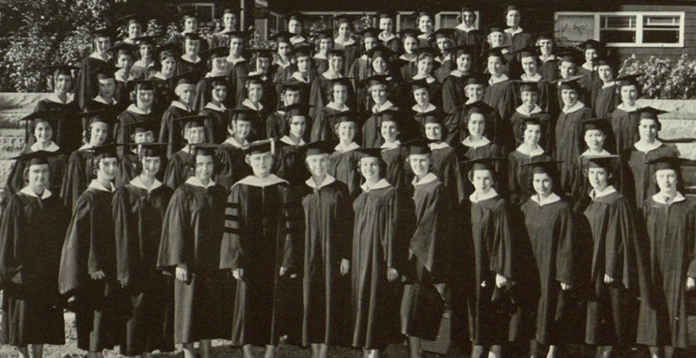 A black and white photo of the Lesley University Class of 1961.