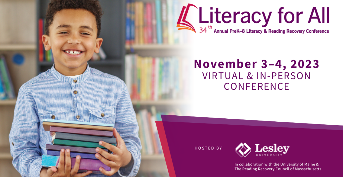 Literacy for All poster with an image of a young child holding a stack of books. 