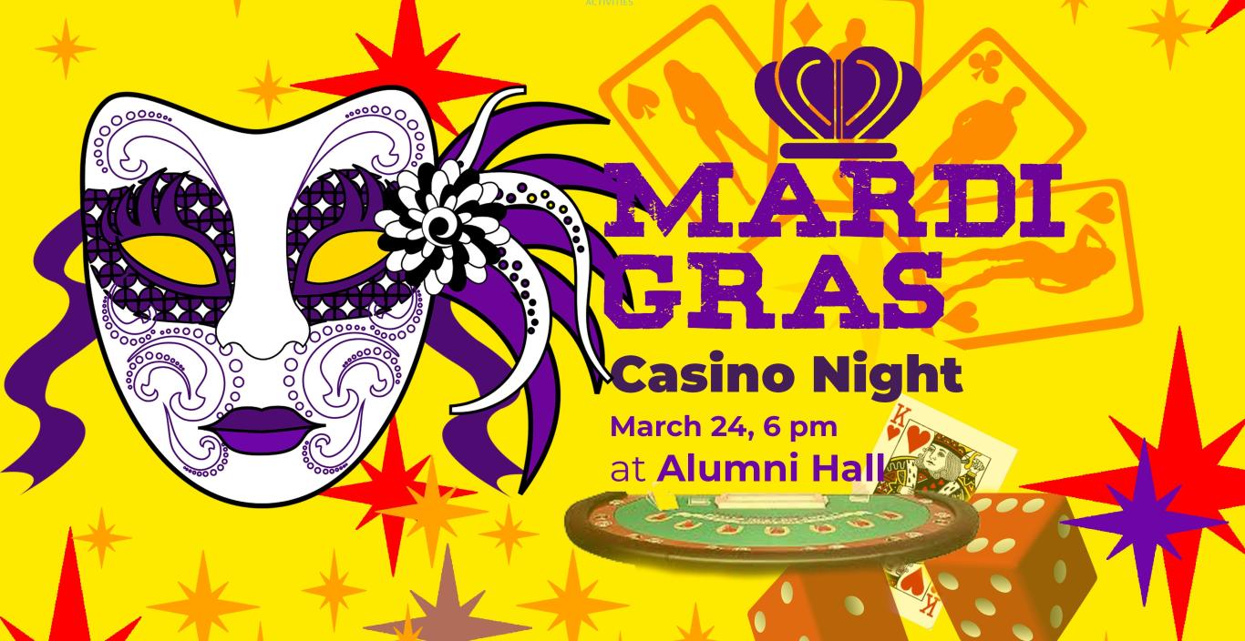 Mardi Gras poster with yellow background, white mask, and red stars. 