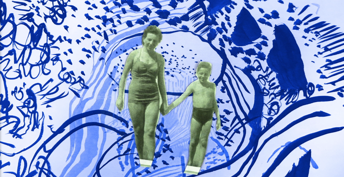 A slide from Maya Erdelyi's film, a cutout of a black and white photo of a woman (her grandmother) walking hand in hand with her young son. The background is wavy blue abstract.