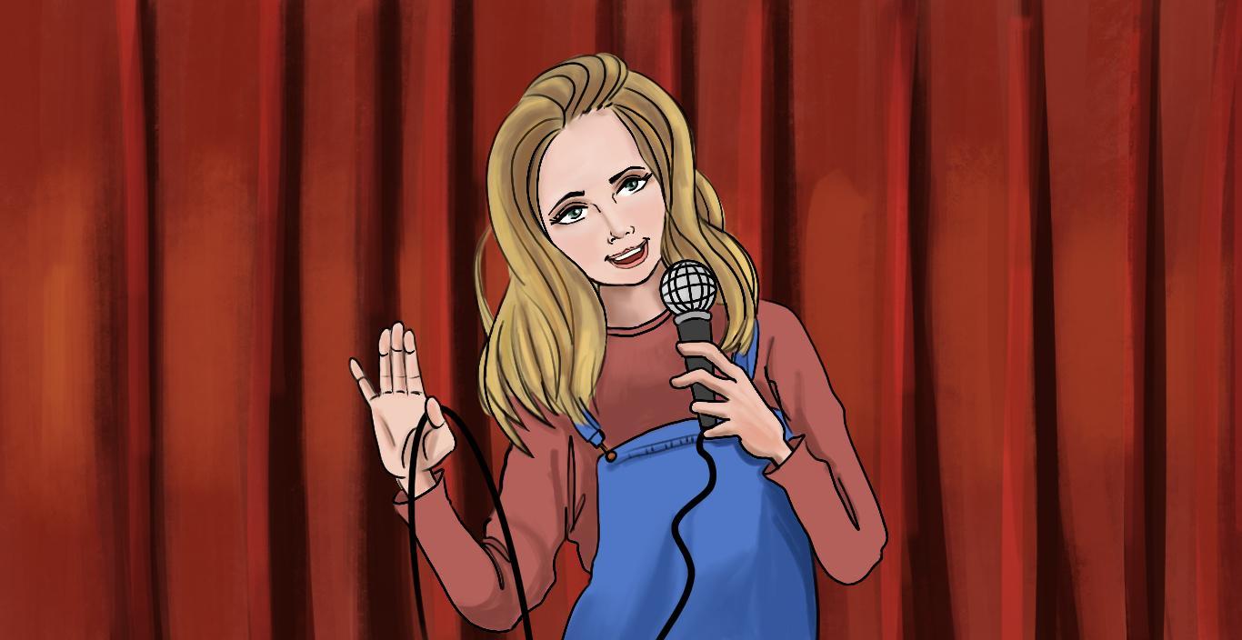 Illustration of Meghan Plourde on a stage doing stand up.