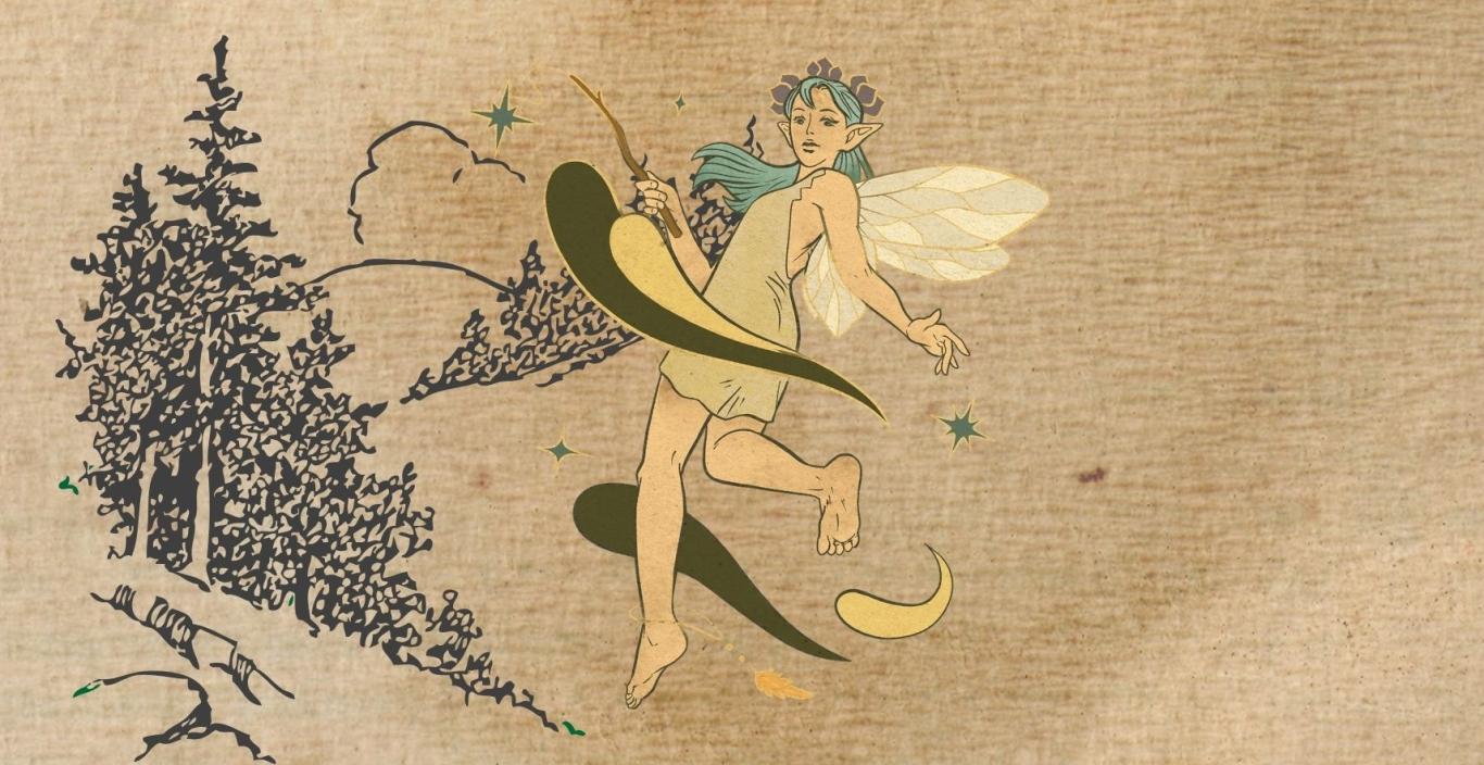 A cartoon image of a fairy with blue hair and white wings on a brown paper background with inked pine trees on a downward slope.