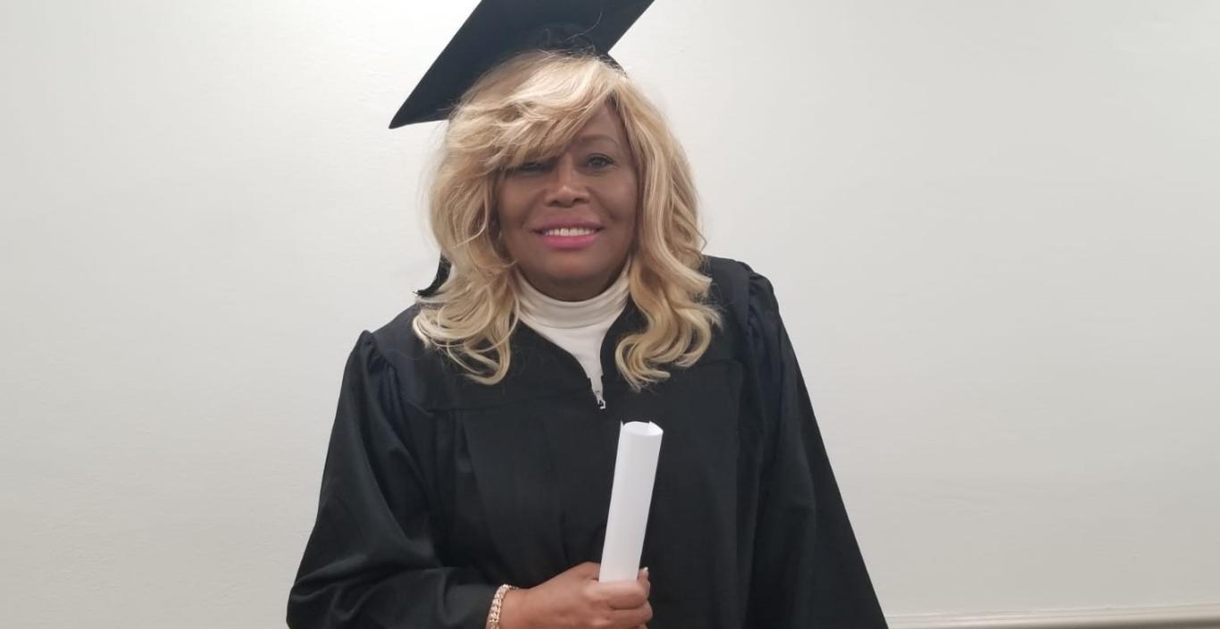 Pamela Kelly in cap and gown