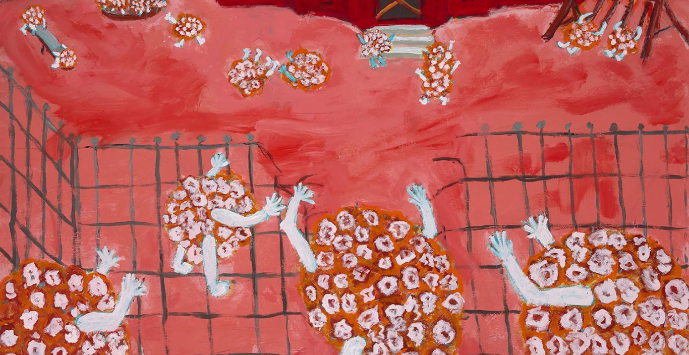 "School Day" by Mary Lesse — Painting, red background, children that are actually coronaviruses run around with red school in the background