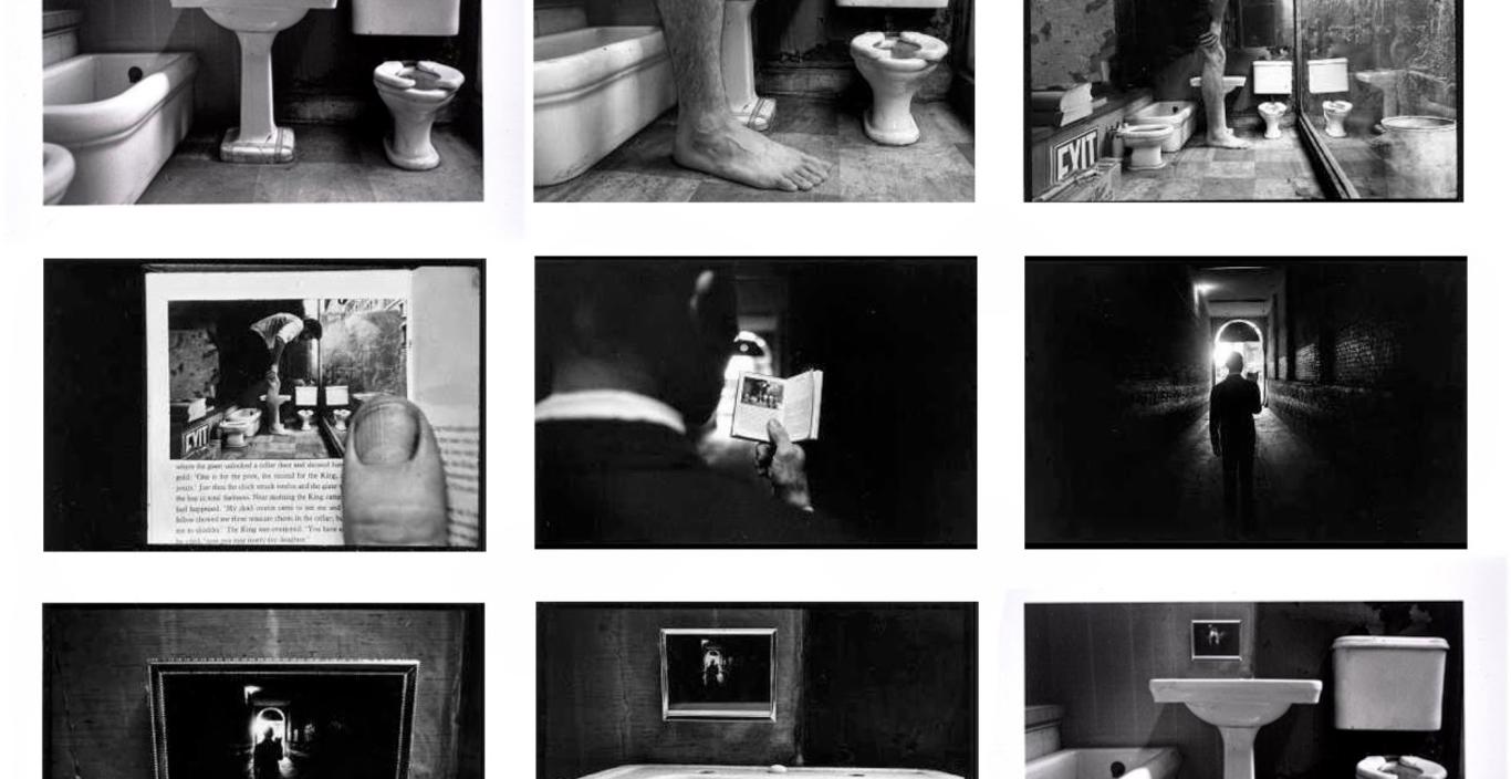 Sequence of black and white photos in a bathroom.