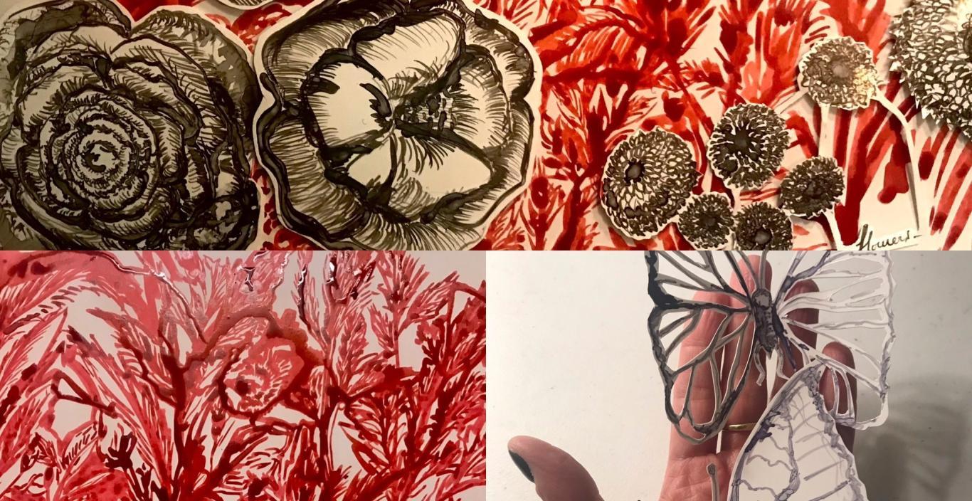 Artwork of red flowers and a butterfly