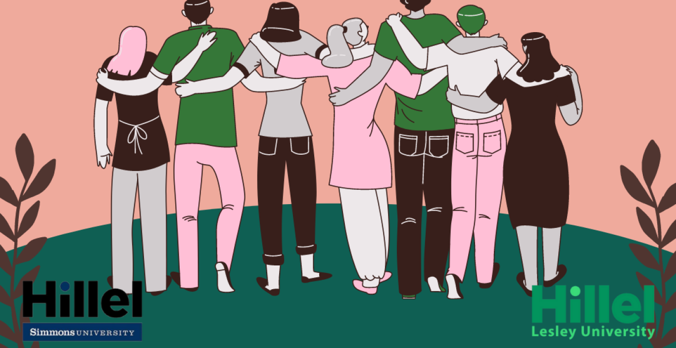 A group of seven people, dressed in green, pink, black, and white clothing, standing on a green hill with a pink sky. In the bottom left corner is the Simmons University Hillel logo, and in the bottom right corner is Lesley University's Hillel logo.