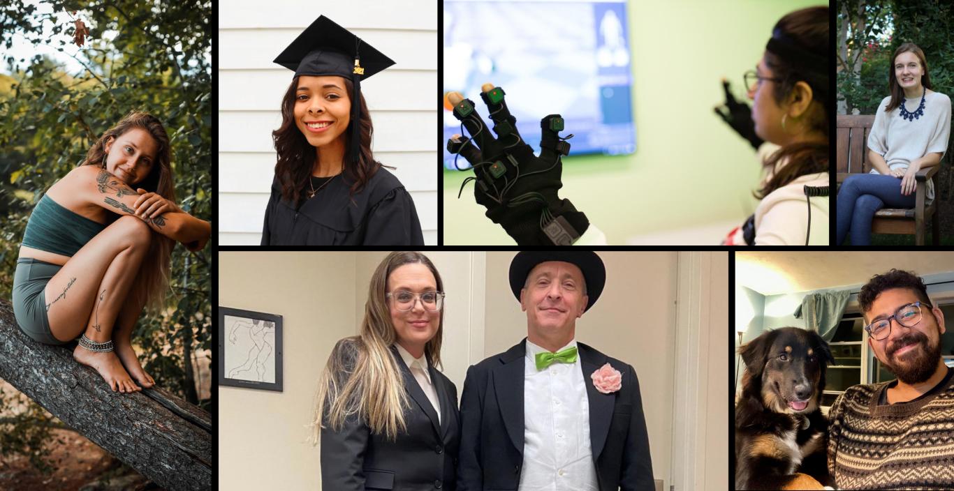 Photo collage - young woman in cap and gown, Cindy House with David Sedaris wearing a top hat, Sophie Lyons - young woman hugging knees on a fallen tree, young man with his dog smiling at camera, girl sitting on a bench, young woman wearing some sort of vfx gloves in front of a computer screen.