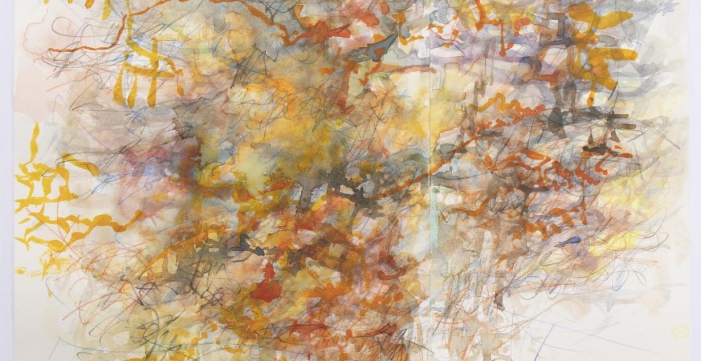 Painting with yellow, orange, gray, blue and red by MFA graduate Tracy Hayes
