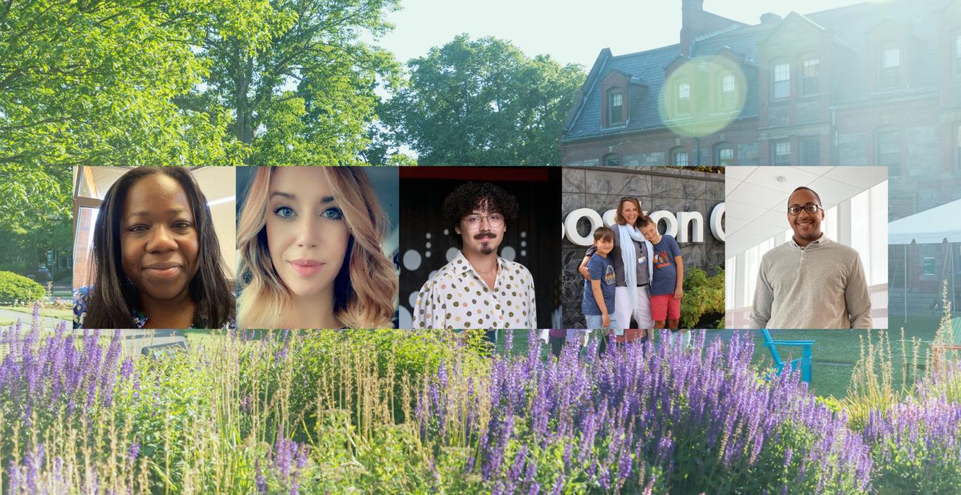 photo composite showing five alumni against faded backdrop of campus