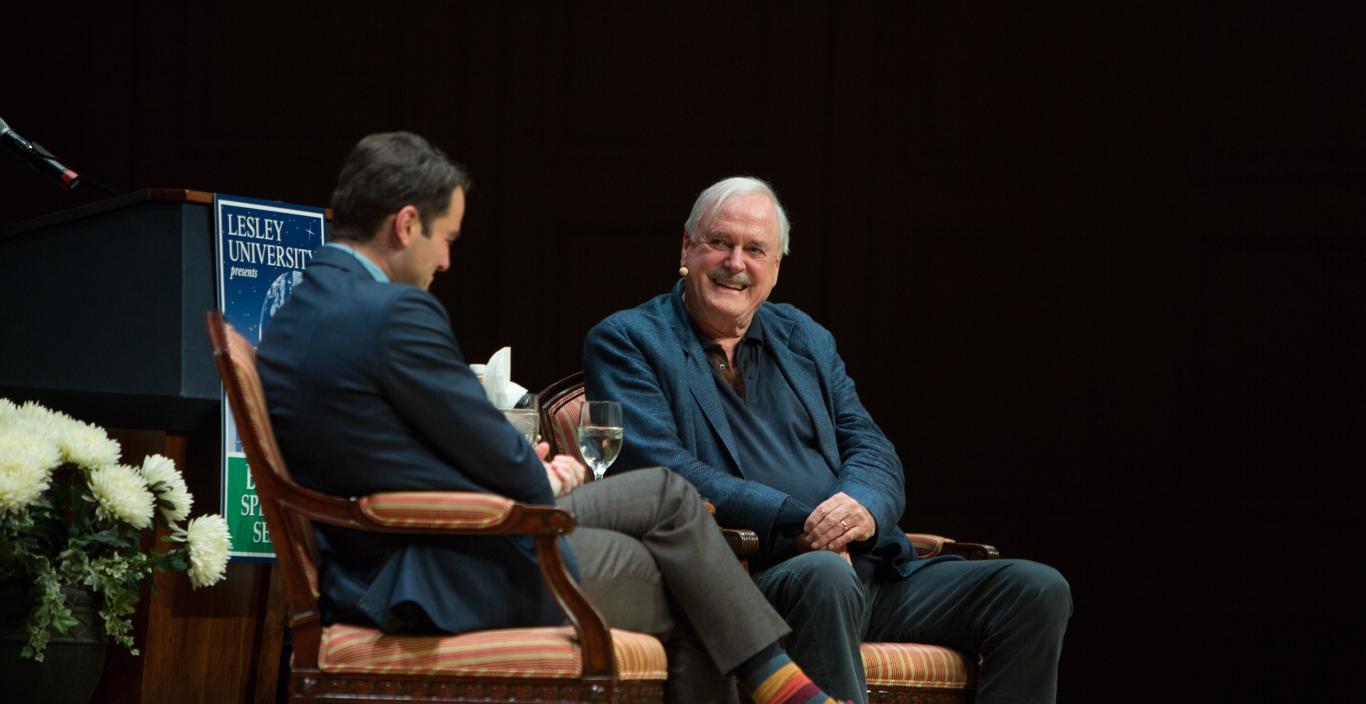 British comedy legend John Cleese joshes with WGBH's Jared Bowen.