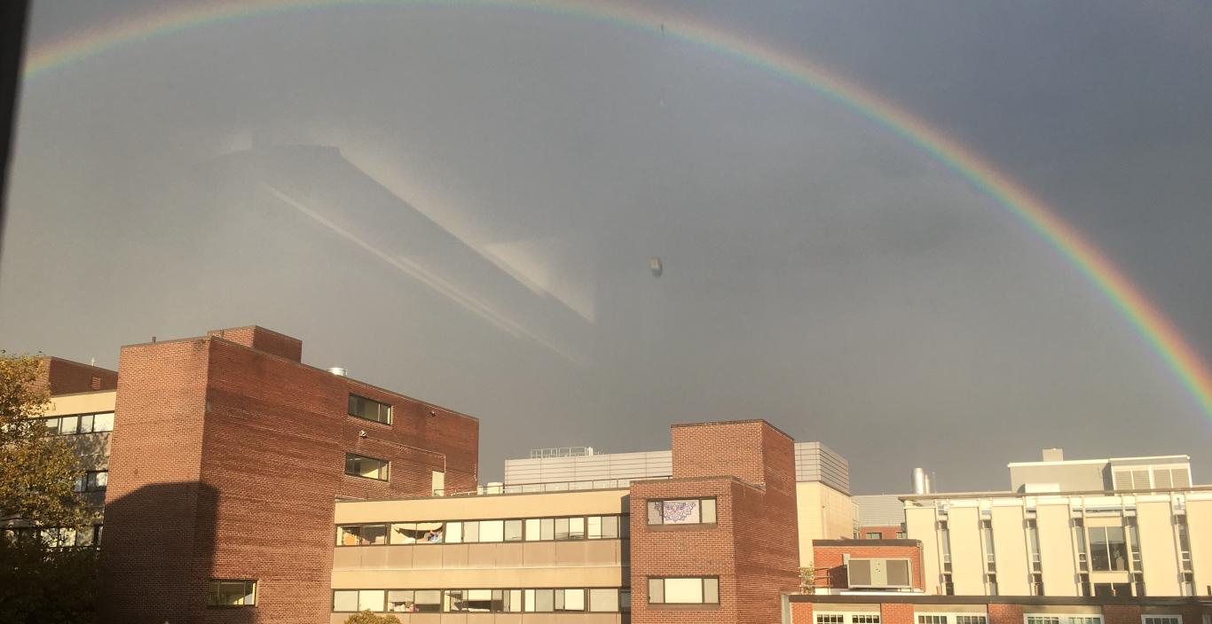 photo of double rainbow over doble campus