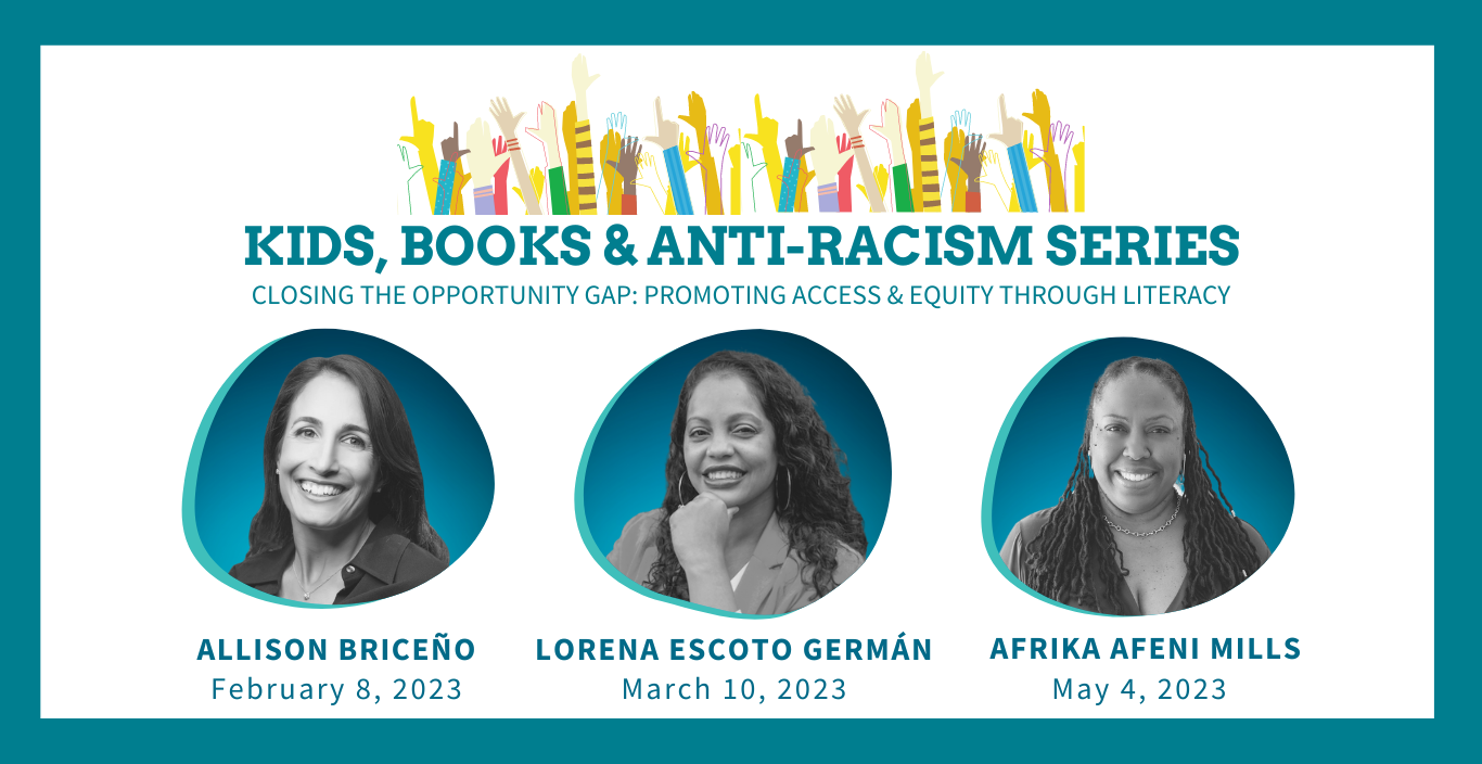 Kids Books and Anti-Racism Series with headshots of the three speakers