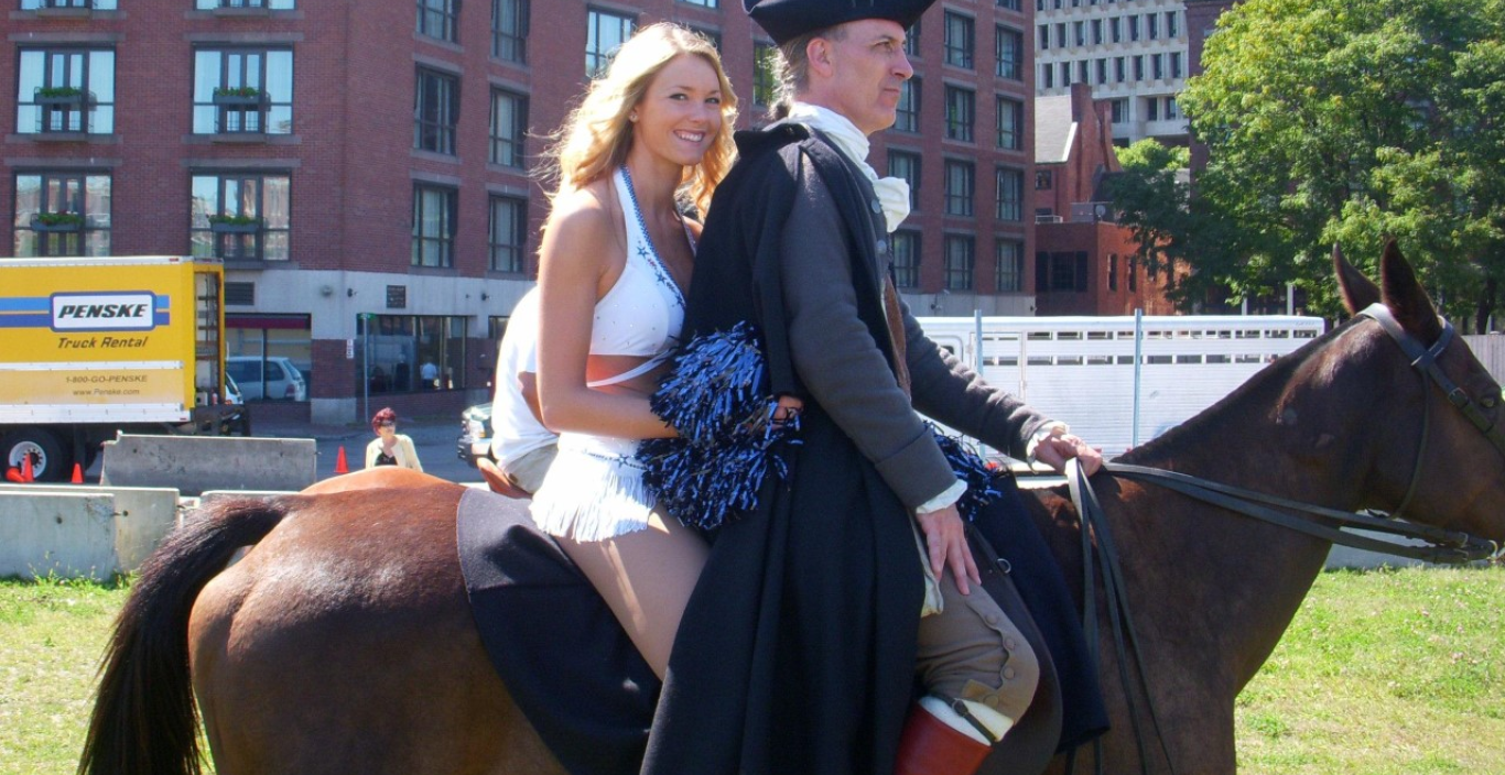 Kirsten Green with "Paul Revere" on a horse in Boston for a commercial.