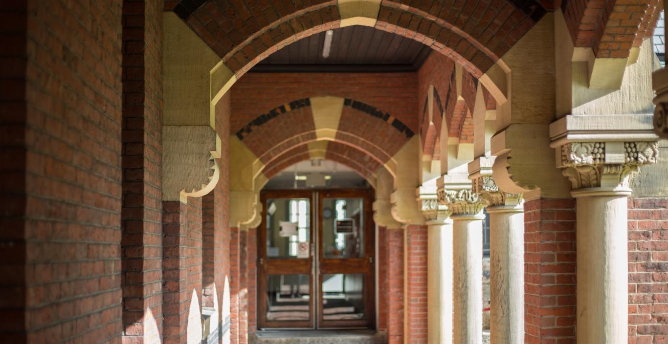 The arched walkway of Lawrence Hall.