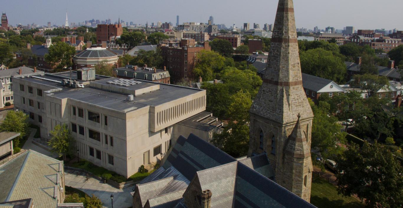Aerial shot of Cambridge with Sherrill Library and St. John's Chapel in the foreground.