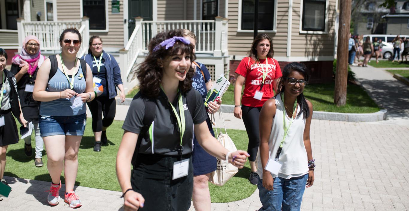 Students walking around outside Doble campus during orientation