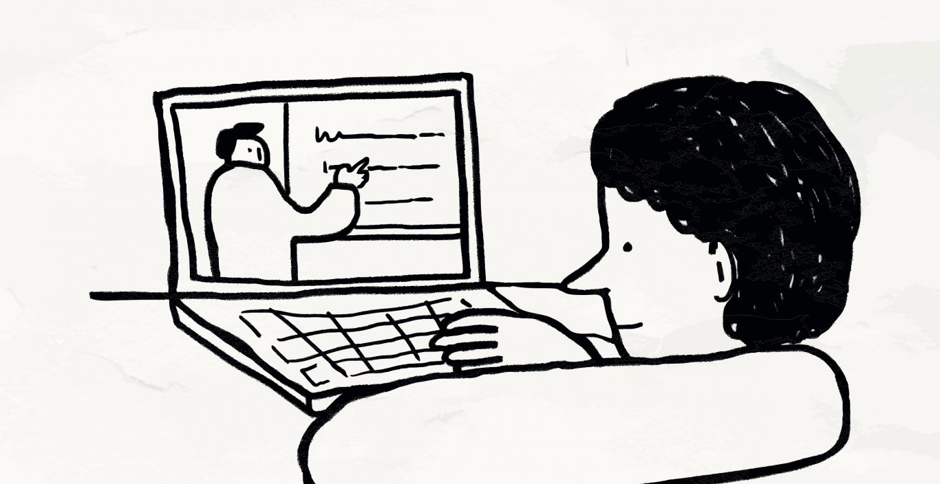 Illustration of kid looking at a teacher on a laptop