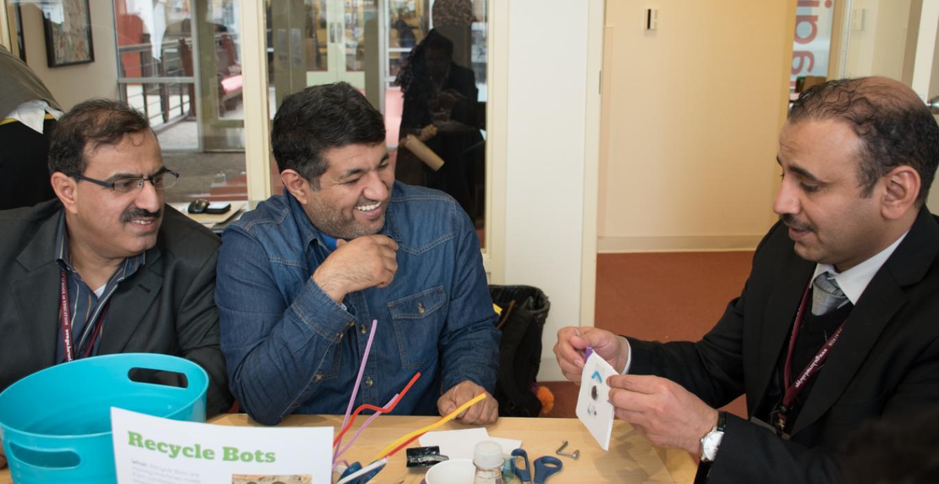 Saudi educators create a small robot from watch batteries and recycled materials.