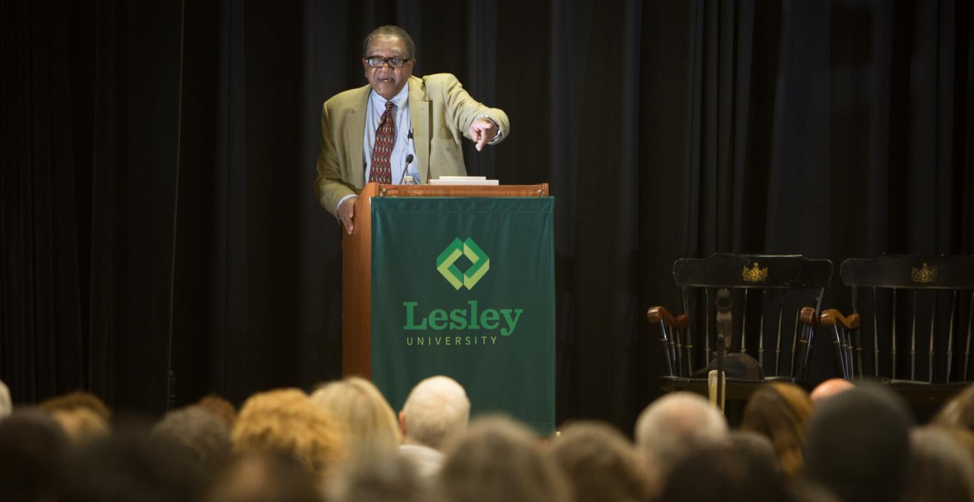 Black Panthers founder Bobby Seale speaks at Lesley.