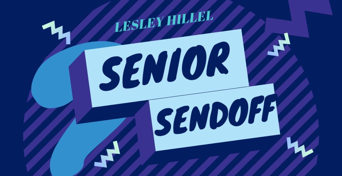 Dark blue background to "Senior Sendoff" words on illustrated 3D boxes in all capital letters. 