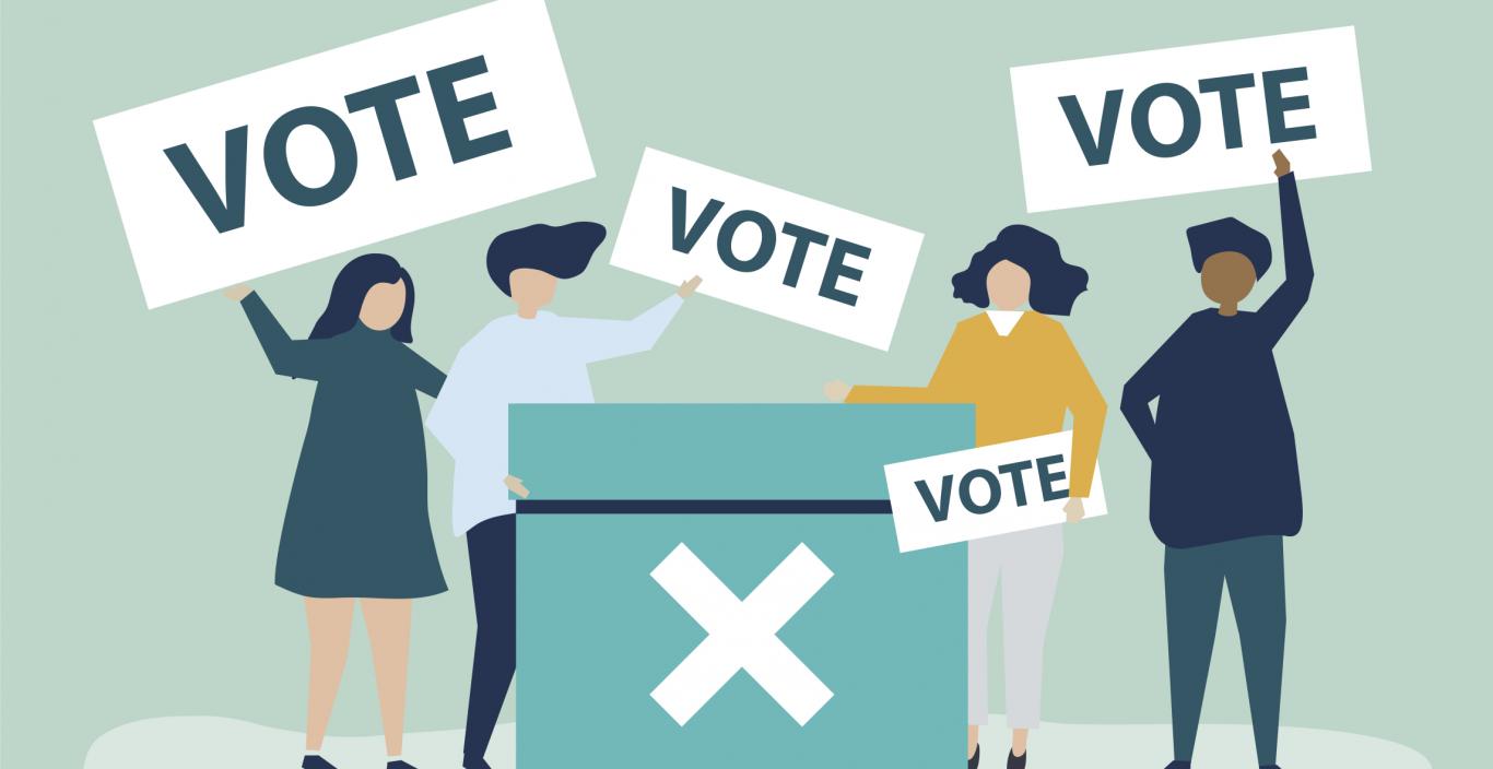 Illustration of four women holidng "vote" signs and a ballot box