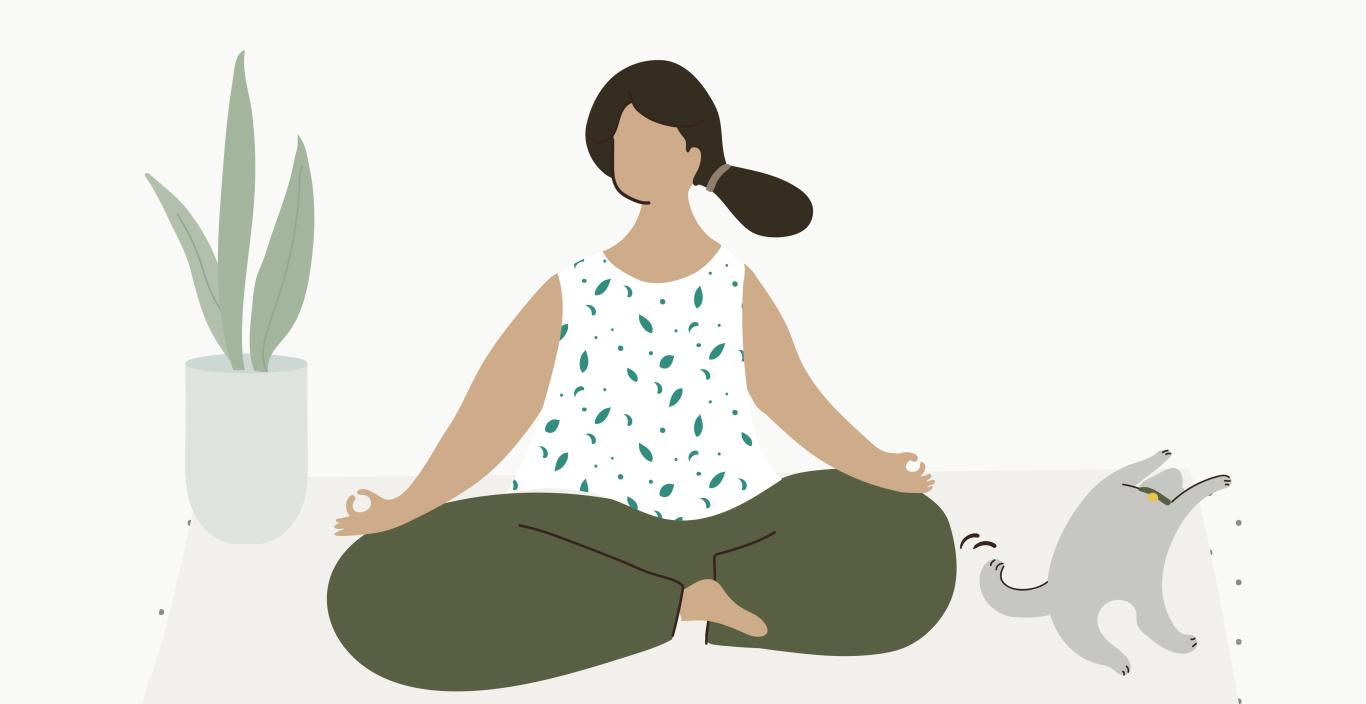 Illustration of woman with legs crossed doing yoga and a cat scratching.