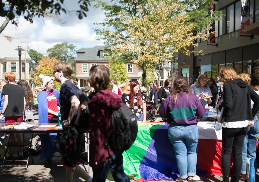 Group of students making posters and flags at a long table outside