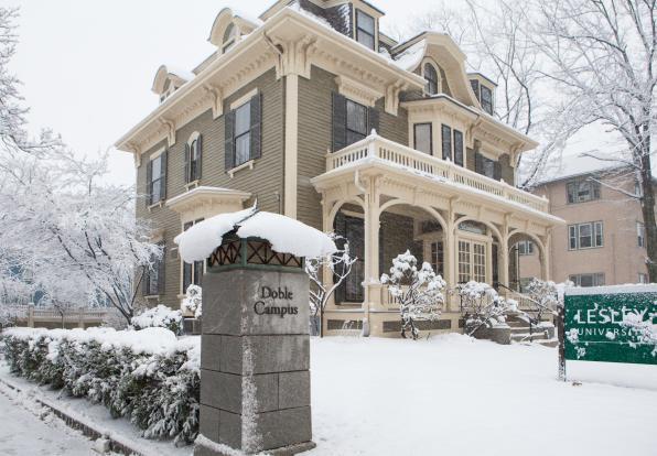 Lesley admissions building covered in snow.