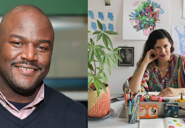Left: Headshot of Enzo Silon Surin. Right: Photos of Maya Erdelyi in her studio.