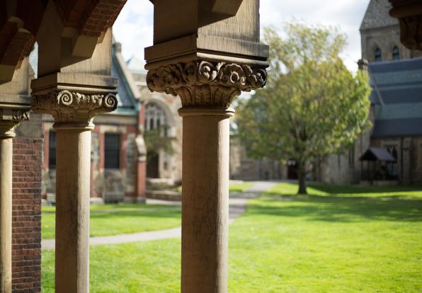 Close-up of the architectural pillars on Lesley's campus.