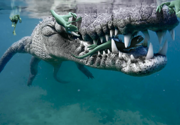 Detailed 3D digital rendering of an alligator underwater. Its mouth is close to the camera, and we can see many small green lizards crawling around and inside the alligator's mouth.