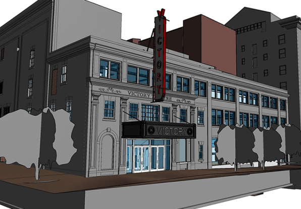 Rough 3D rendering of a modern theater in a city with signs that say "Victory." The building floats in white space and is all gray.