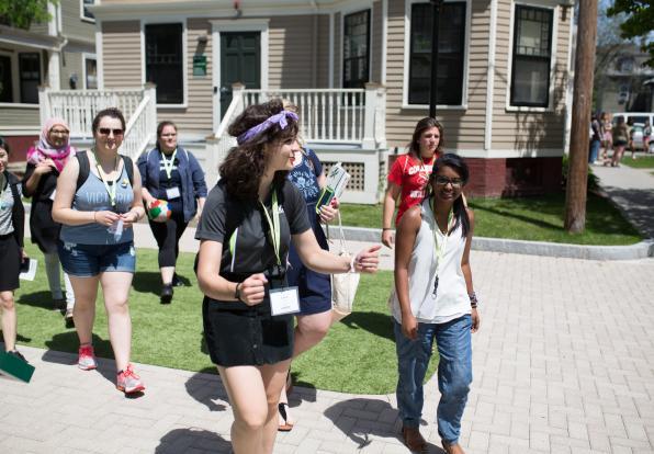 students walking through campus