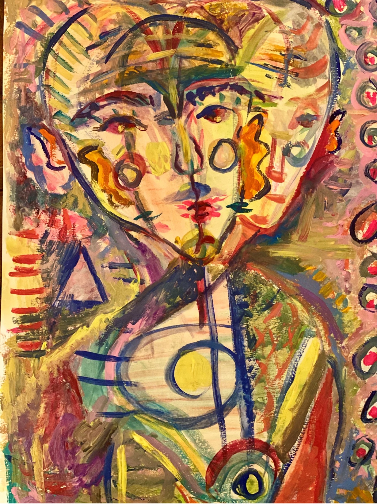 Abstract multicolored painting of a two-headed figure with torso. The background is filled with circles and dashes